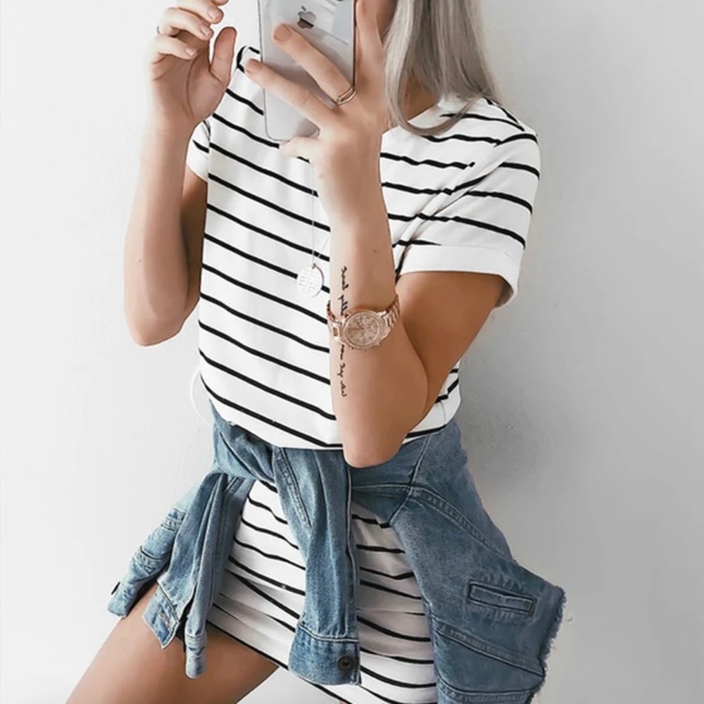 Lulu’s Cafe Society Black and Cream Striped Shirt Dress